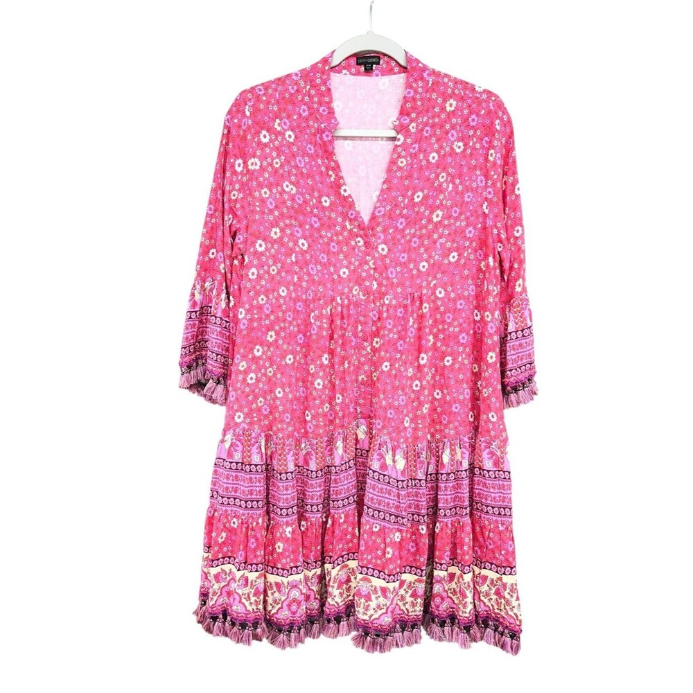 Coco + Carmen Pink Ditzy Floral Boho Tiered Mini Dress Womens Small/Medium